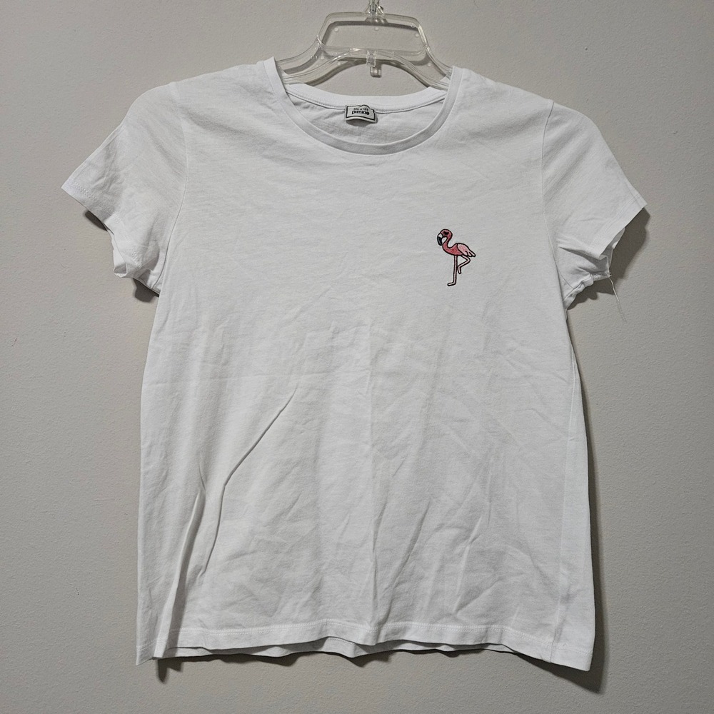 Pimkie Womens White Short‎ Sleeve Flamingo Embroidered Graphic T-Shirt